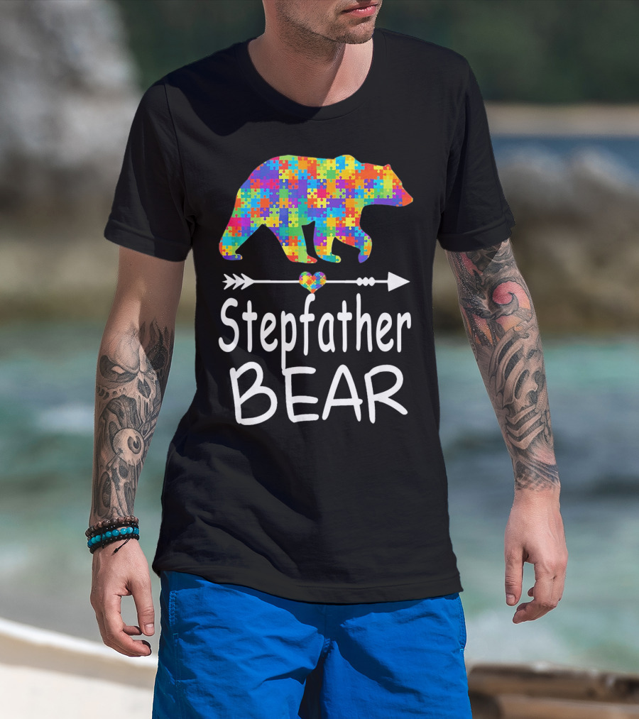 Stepfather Bear Puzzle Pattern Autism Awareness Family T-Shirt