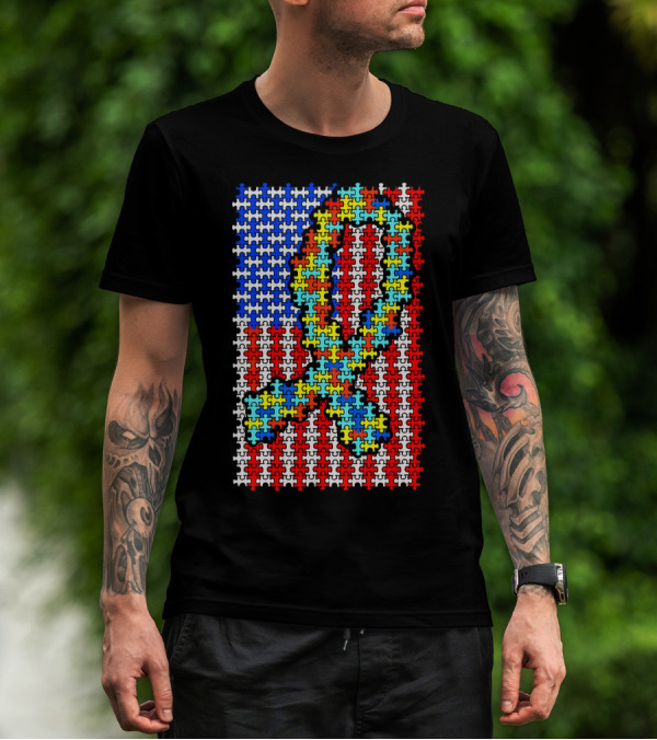 Autism Awareness Puzzle Ribbon US Flag Disability T-Shirt