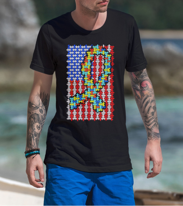 Autism Awareness Puzzle Ribbon US Flag Disability T-Shirt