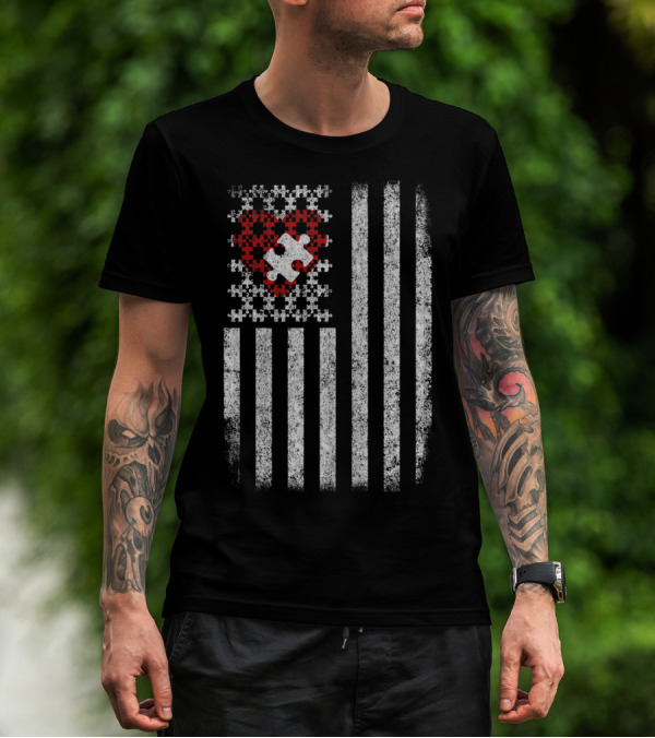 Autism Awareness American Flag Red Heart Puzzle Piece T-Shirt
