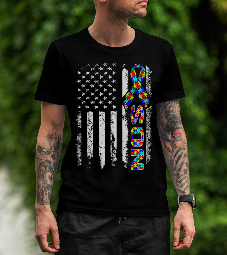 Son Autism Awareness Puzzle Ribbon American Flag T-Shirt