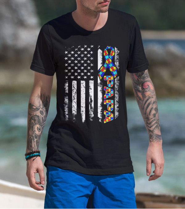 Papa Puzzle Ribbon Autism Awareness American Flag Stars Stripes T-Shirt