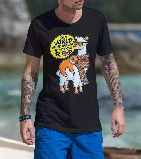 In A World Where You Can Be Anything Be Kind Autism Awareness Sloth Riding Llama T-Shirt