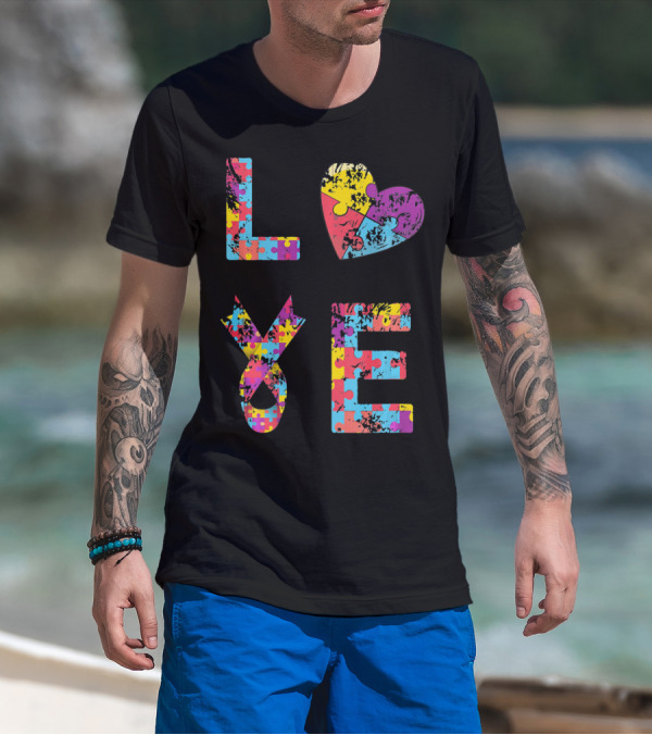 Autism Awareness Love Puzzle Heart Ribbon Design For Women Men Kids Rib T-Shirt