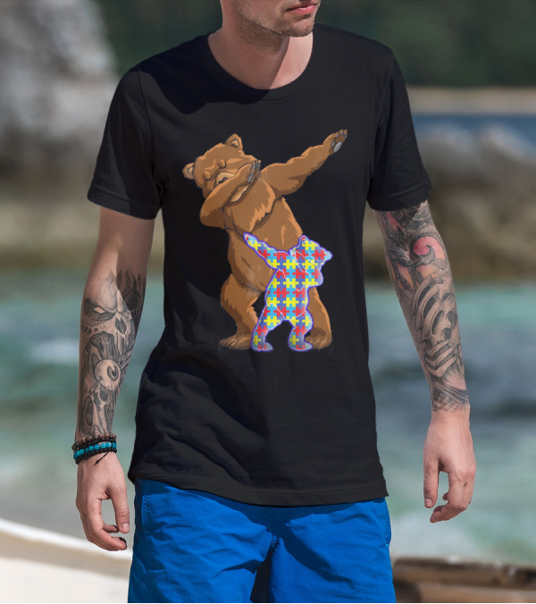 Dabbing Mama Bear With Autism Puzzle Pattern Cub T-Shirt