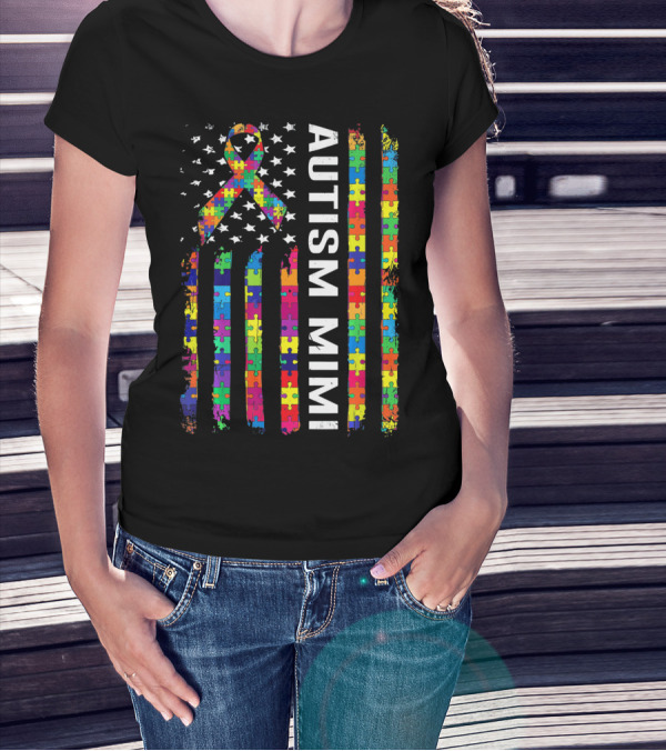 Autism Mimi Puzzle Ribbon American Flag T-Shirt