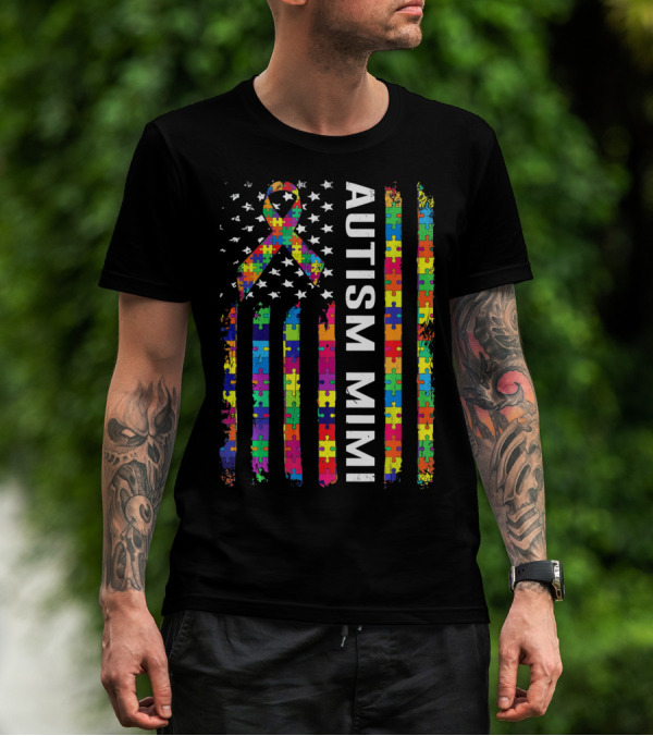 Autism Mimi Puzzle Ribbon American Flag T-Shirt