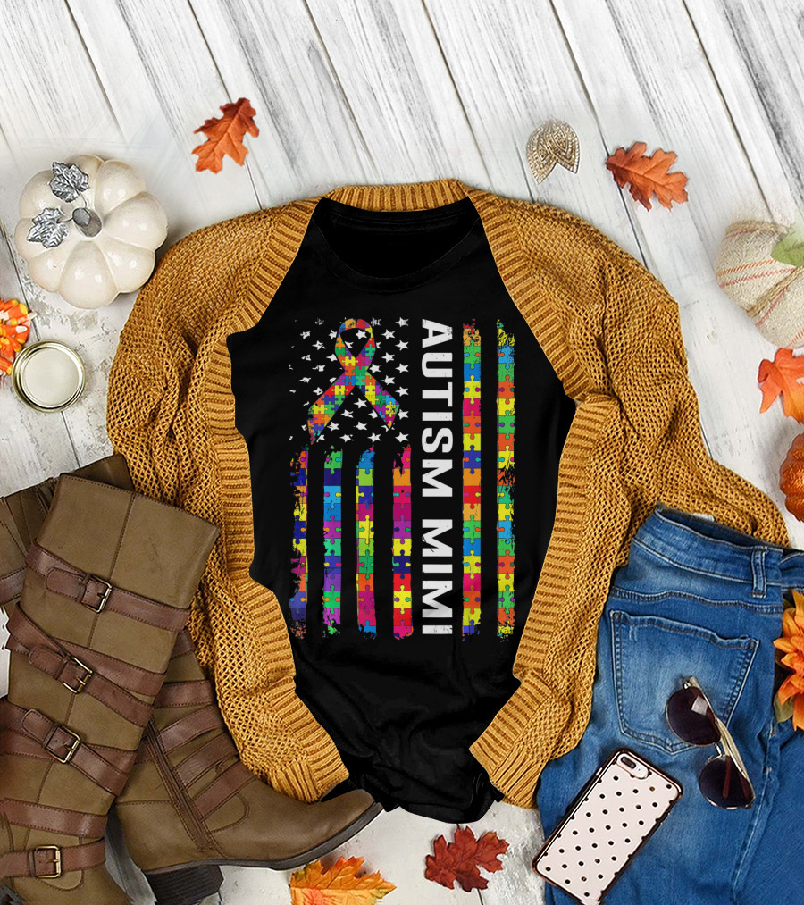 Autism Mimi Puzzle Ribbon American Flag T-Shirt