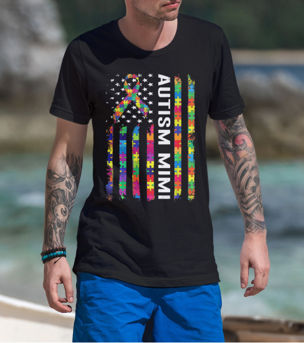 Autism Mimi Puzzle Ribbon American Flag T-Shirt