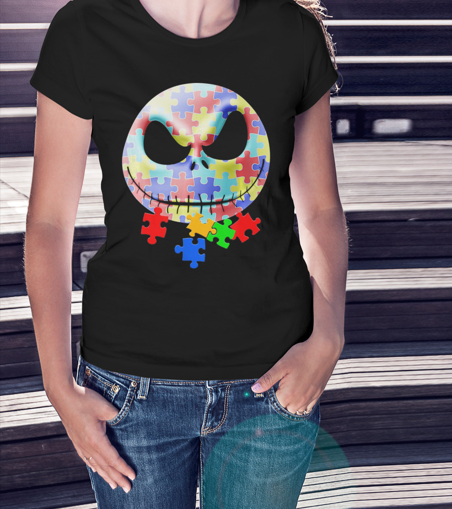 Jacks Skellingtons Faces Autism Awareness Puzzle T-Shirt