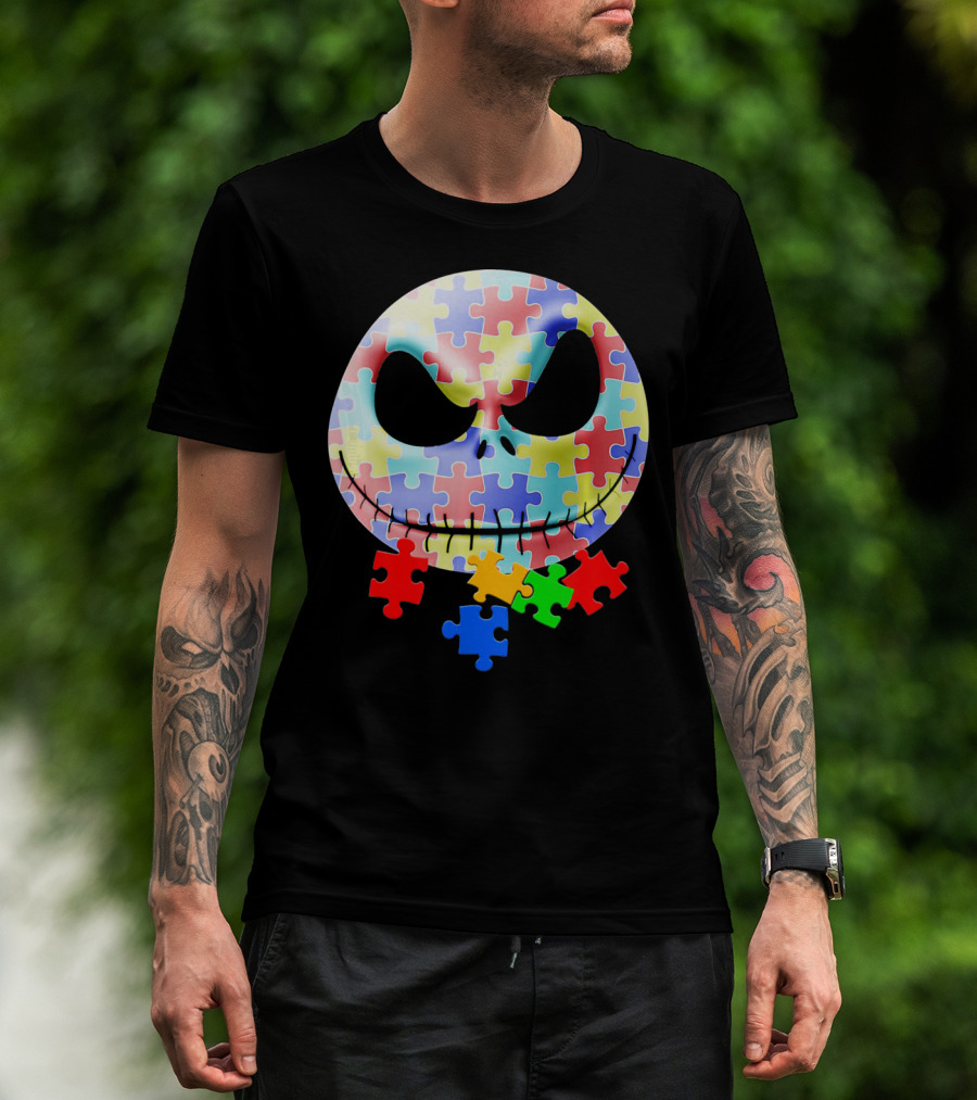 Jacks Skellingtons Faces Autism Awareness Puzzle T-Shirt