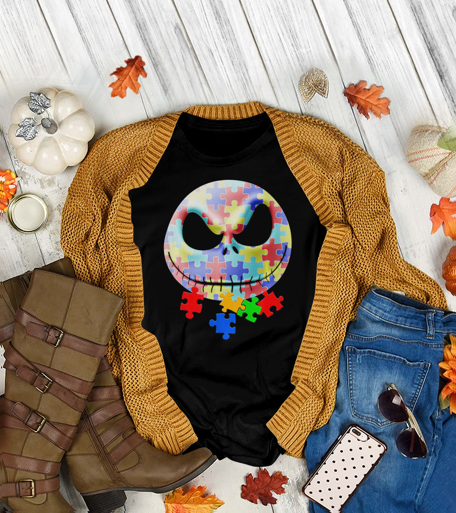 Jacks Skellingtons Faces Autism Awareness Puzzle T-Shirt