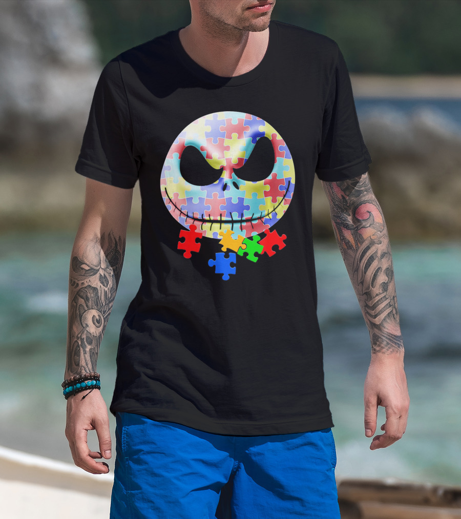 Jacks Skellingtons Faces Autism Awareness Puzzle T-Shirt
