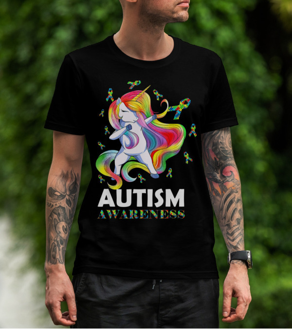 Autism Awareness Dabbing Unicorn With Colorful Puzzle Ribbons T-Shirt