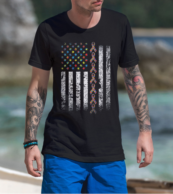 USA Flag With Autism Awareness Ribbon T-Shirt