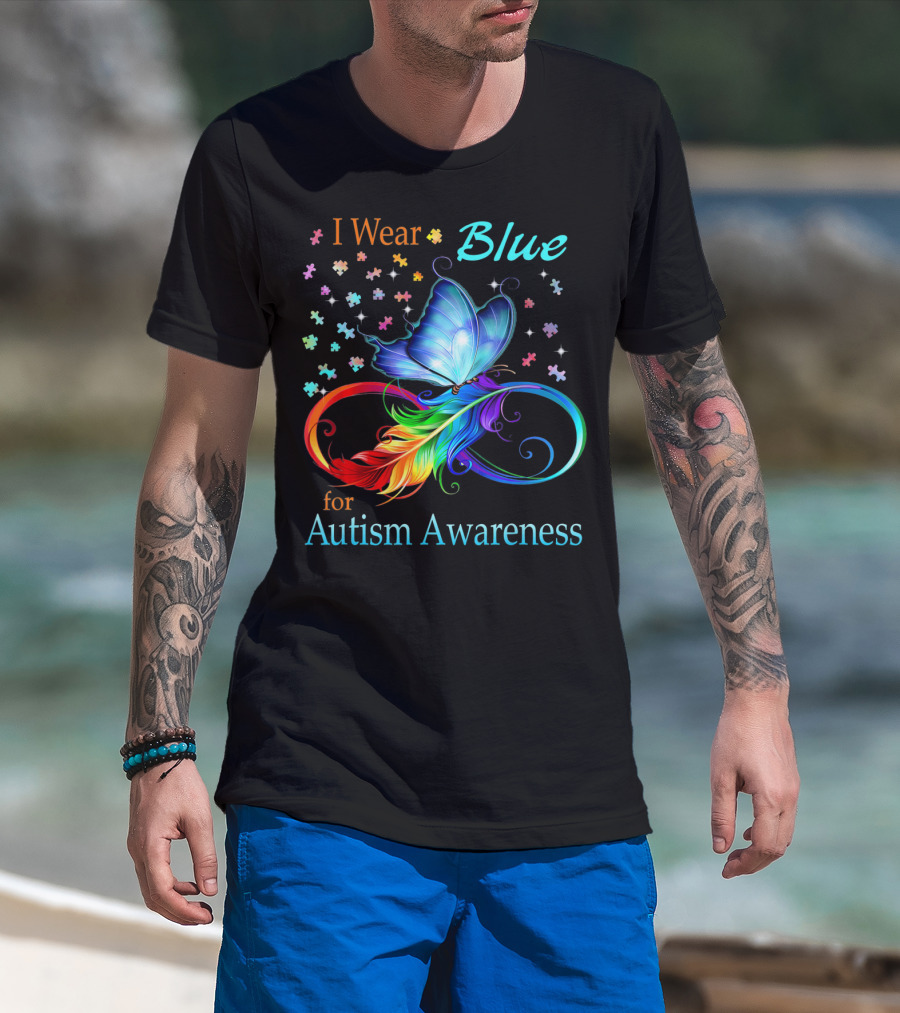 I Wear Blue For Autism Awareness Butterfly Ribbon Puzzle Pieces T-Shirt