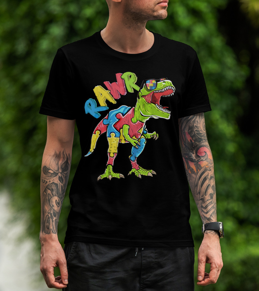 RAWR Rex Dinosaur Autism Awareness Puzzle Piece T-Shirt