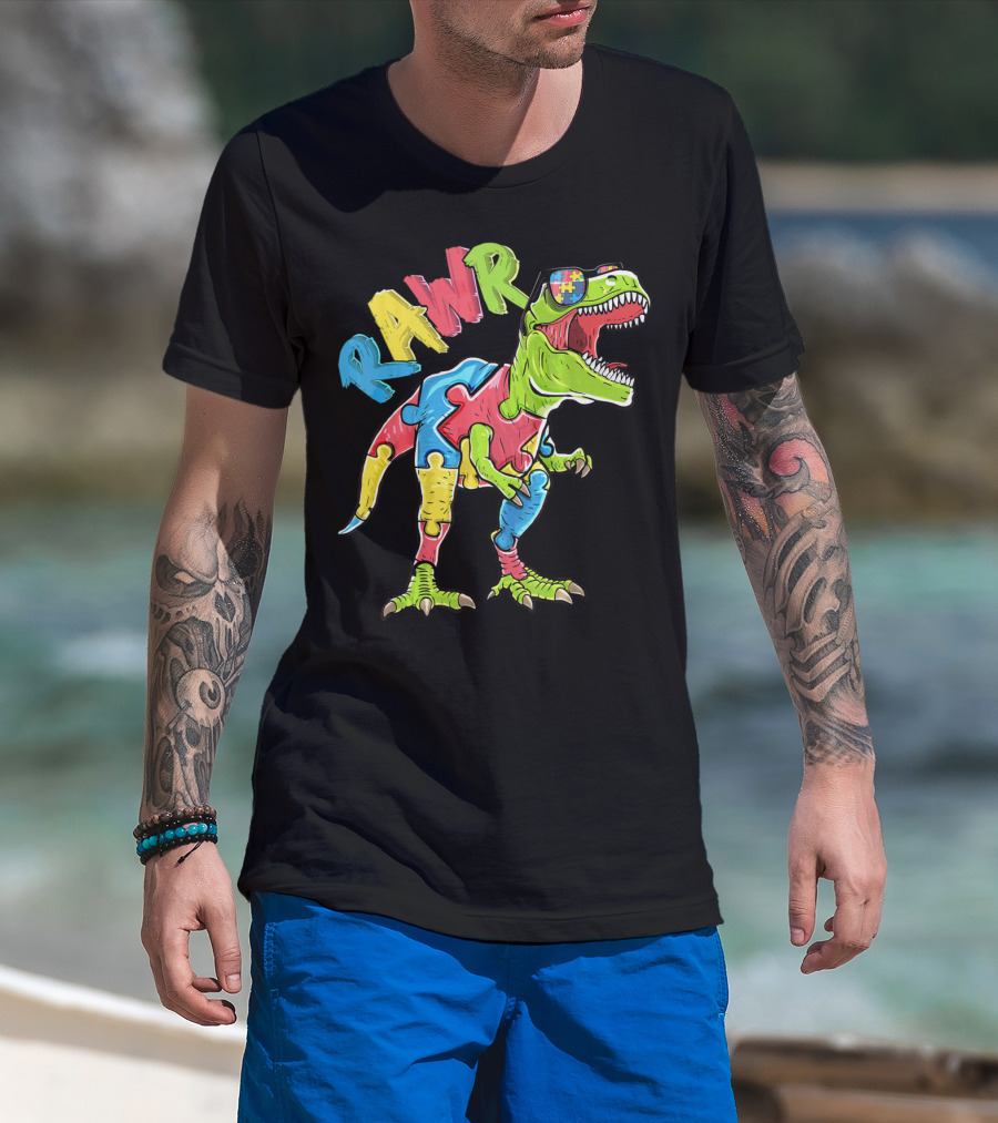 RAWR Rex Dinosaur Autism Awareness Puzzle Piece T-Shirt