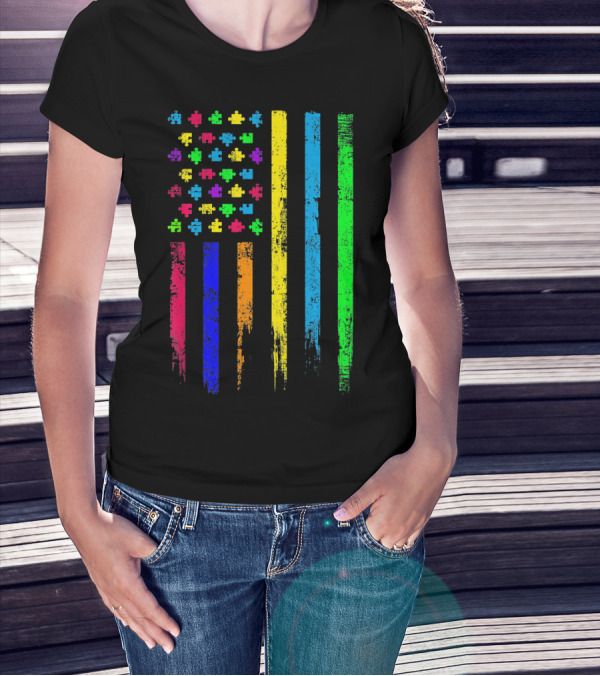 USA Flag Puzzle Pieces Rainbow Stripes T-Shirt