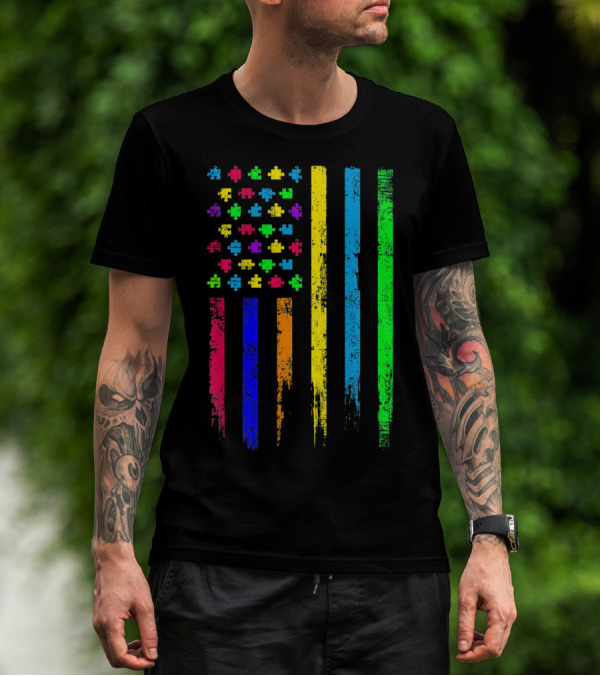 USA Flag Puzzle Pieces Rainbow Stripes T-Shirt
