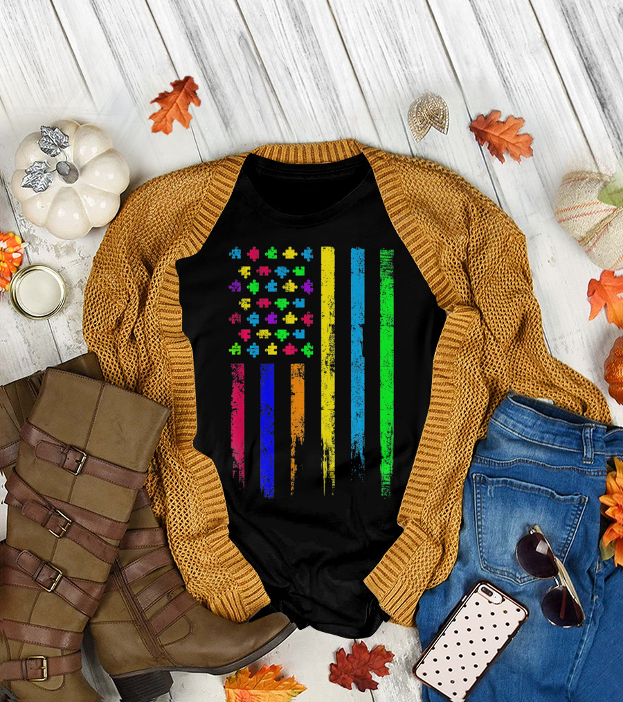 USA Flag Puzzle Pieces Rainbow Stripes T-Shirt