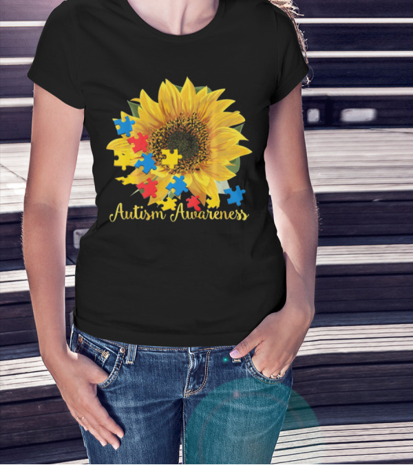 Autism Awareness Sunflower With Puzzle Pieces T-Shirt