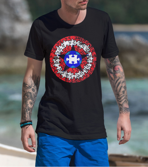 Captain Autism Superhero Shield Awareness Puzzle Star Emblem T-Shirt