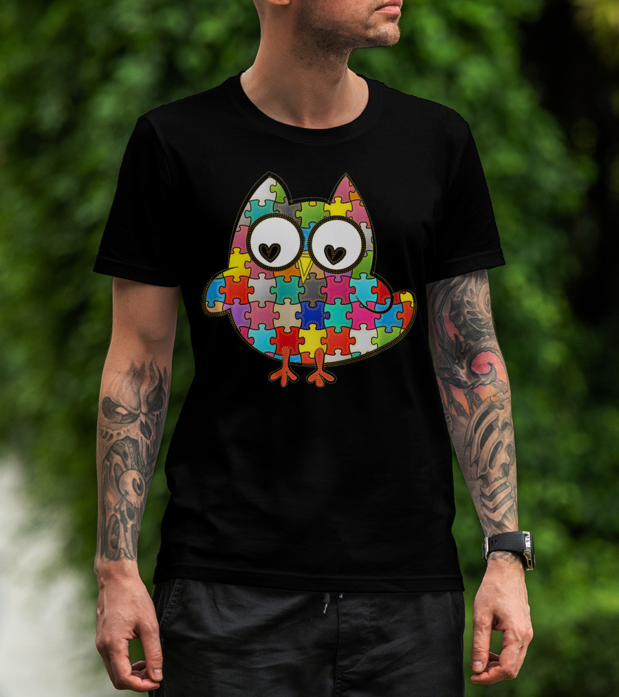 Autism Owl Puzzle Heart Eyes Autism Awareness Month T-Shirt