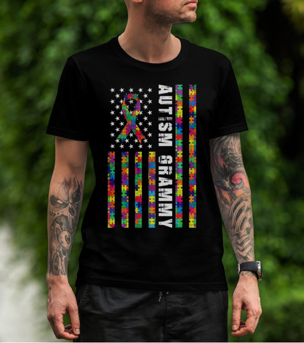 Autism Grammy American Flag With Puzzle T-Shirt