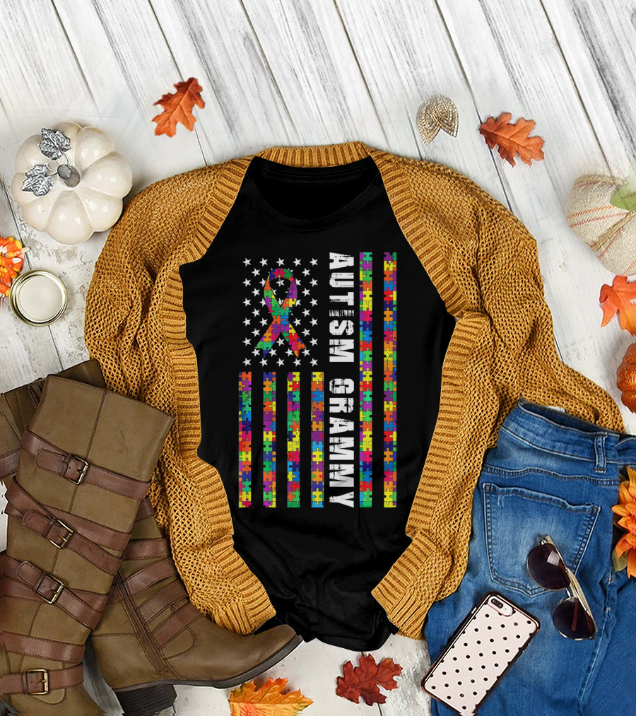 Autism Grammy American Flag with Puzzle T-Shirt