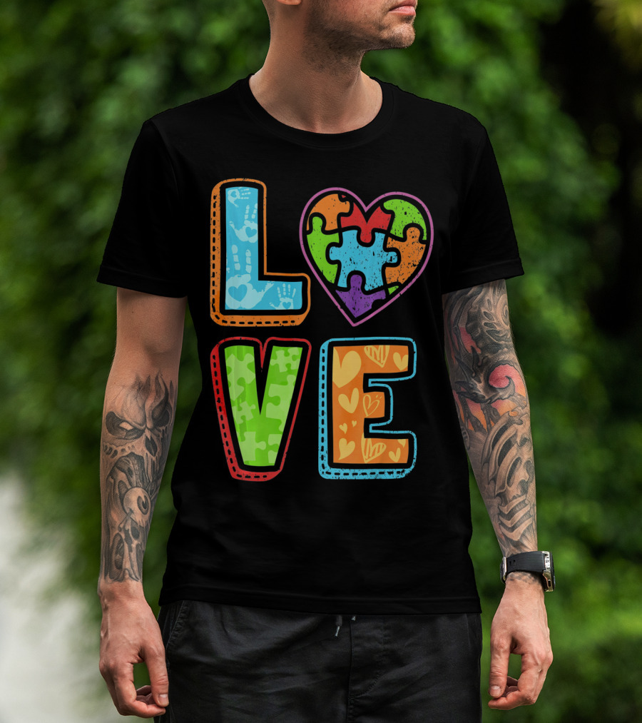 LOVE Heart Autism Awareness Puzzle Handprints T-Shirt
