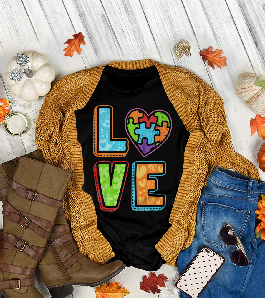 LOVE Heart Autism Awareness Puzzle Handprints T-Shirt