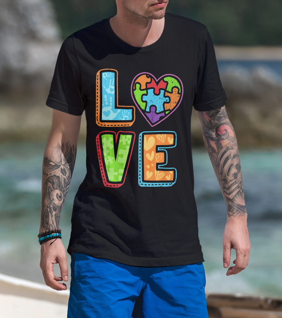 LOVE Heart Autism Awareness Puzzle Handprints T-Shirt