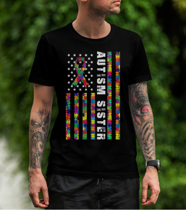 Autism Sister American Flag Puzzle Ribbon Autism Awareness T-Shirt