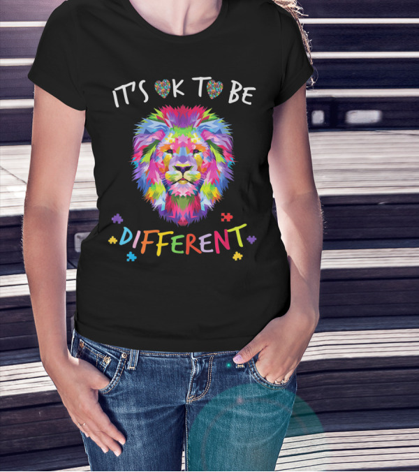 Autism Awareness It's OK To Be Different Colorful Lion Puzzle Pieces T-Shirt