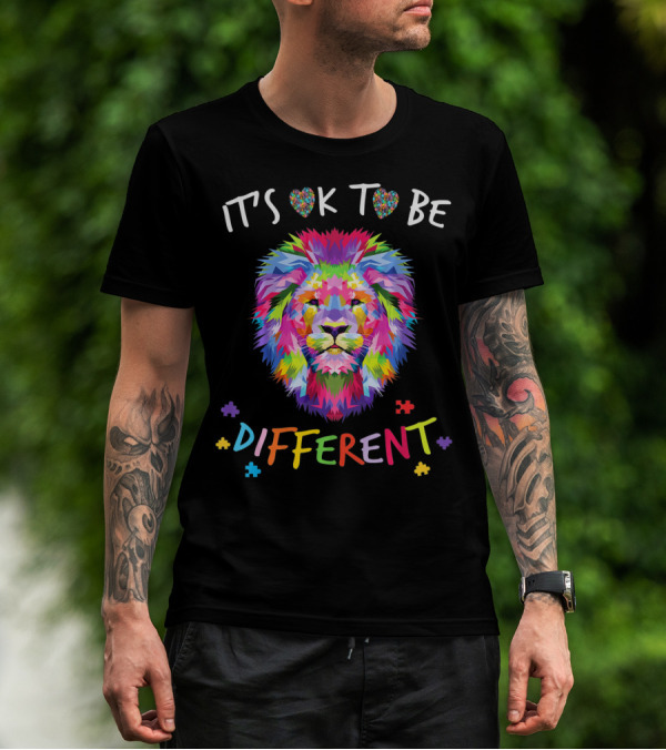 Autism Awareness It's OK To Be Different Colorful Lion Puzzle Pieces T-Shirt