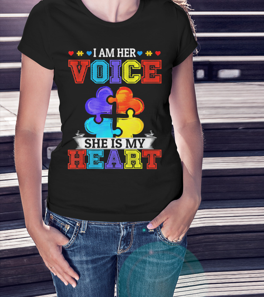 I Am Her Voice She Is My Heart Autism Puzzle Pieces T-Shirt