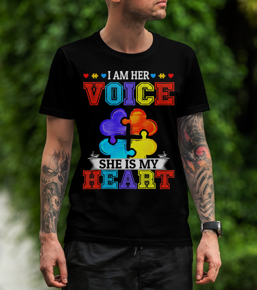 I Am Her Voice She Is My Heart Autism Puzzle Pieces T-Shirt