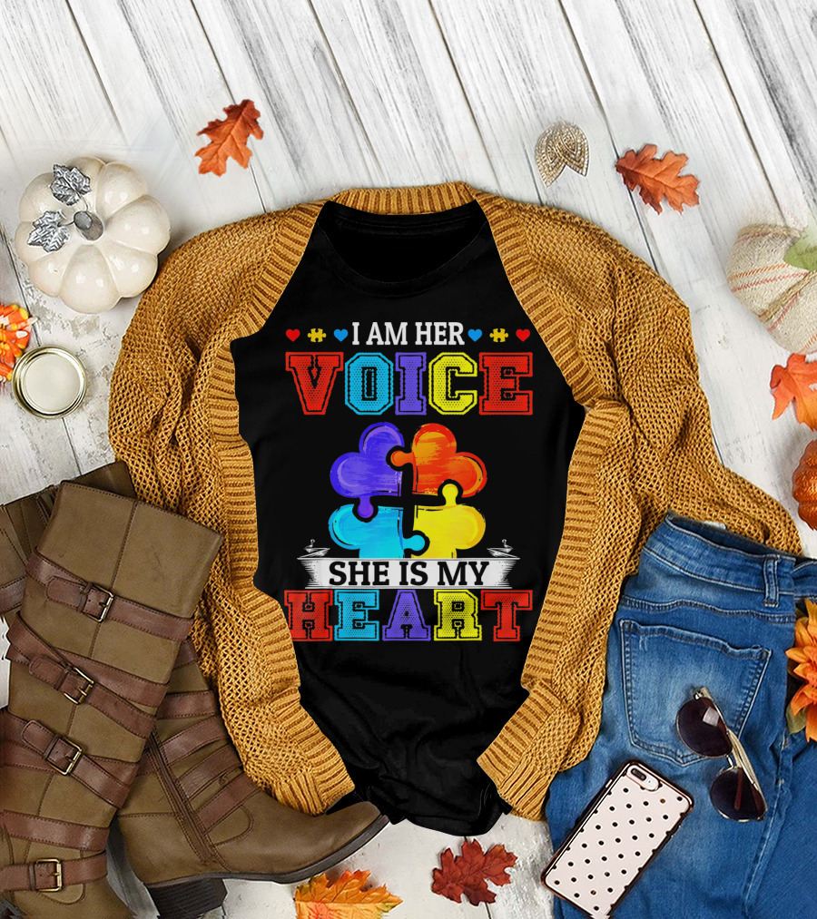 I Am Her Voice She Is My Heart Autism Puzzle Pieces T-Shirt
