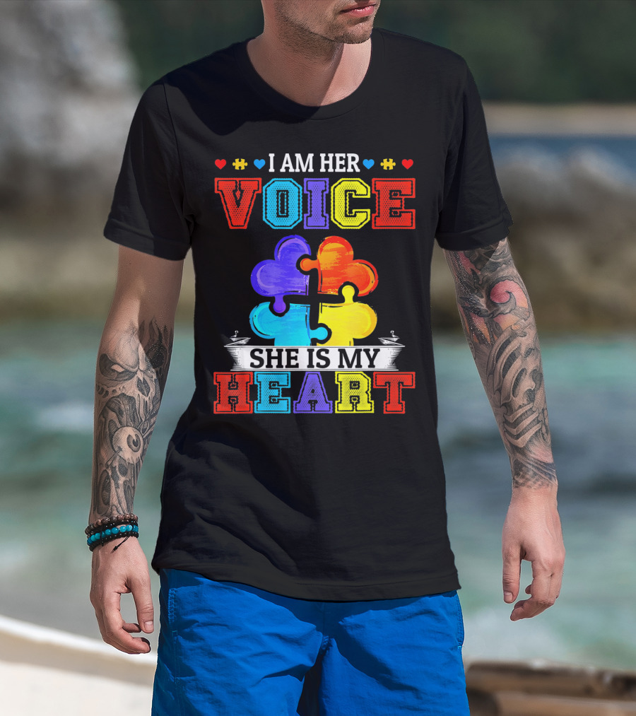 I Am Her Voice She Is My Heart Autism Puzzle Pieces T-Shirt