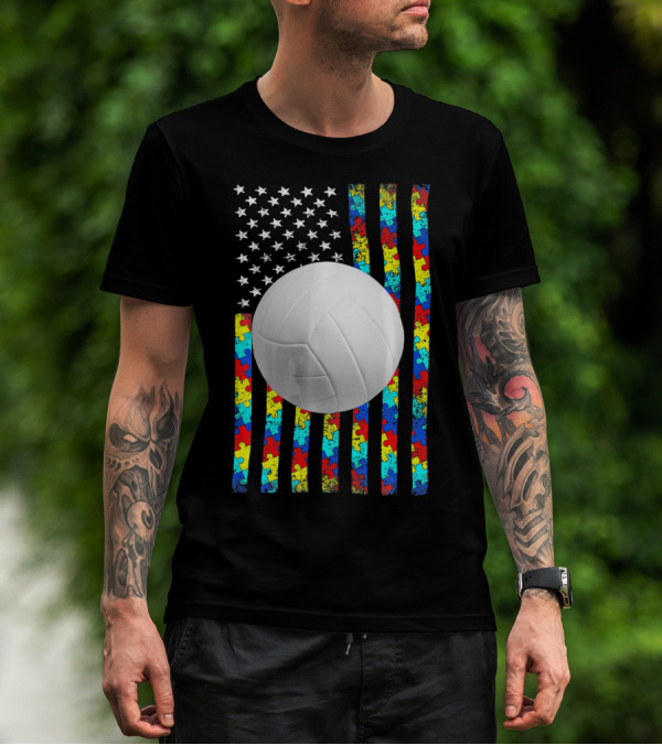 Autism Awareness Puzzle Flag Volleyball American Flag T-Shirt