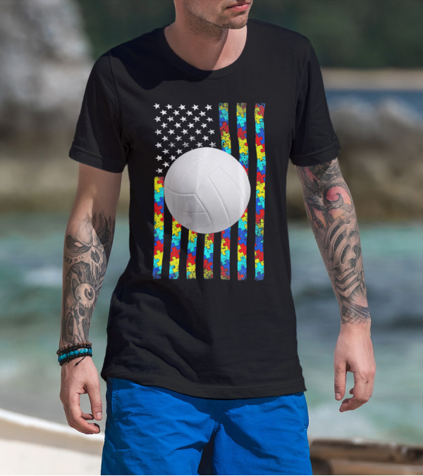 Autism Awareness Puzzle Flag Volleyball American Flag T-Shirt