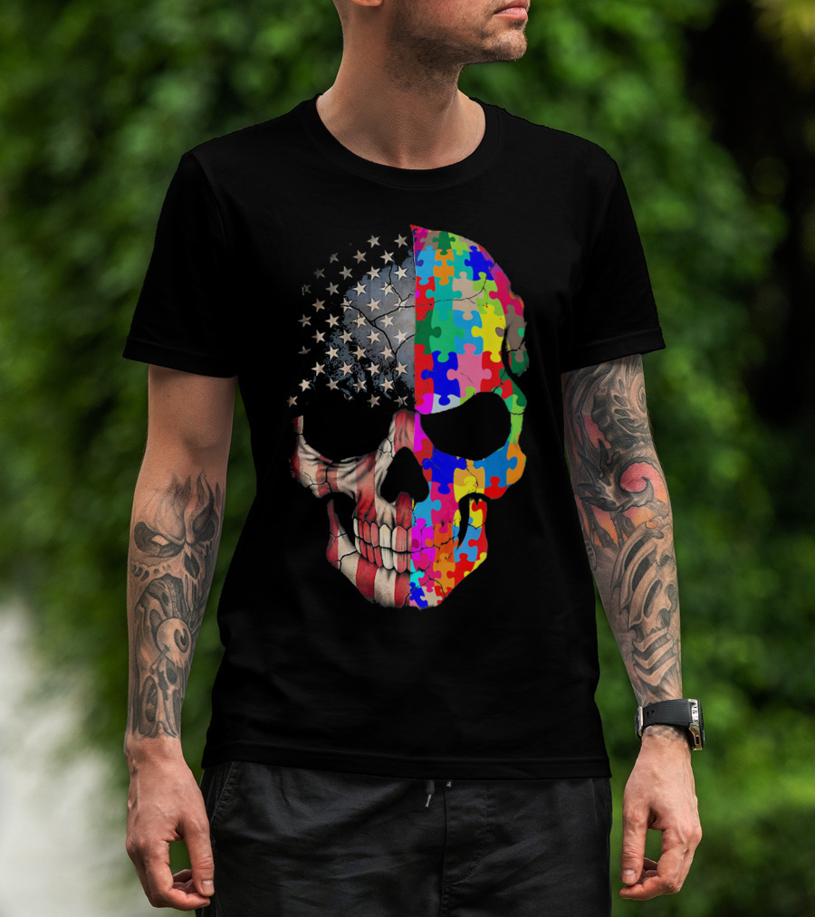 American Flag Autism Awareness Skull Puzzle Pieces Sku T-Shirt