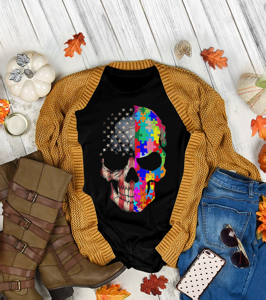 American Flag Autism Awareness Skull Puzzle Pieces Sku T-Shirt