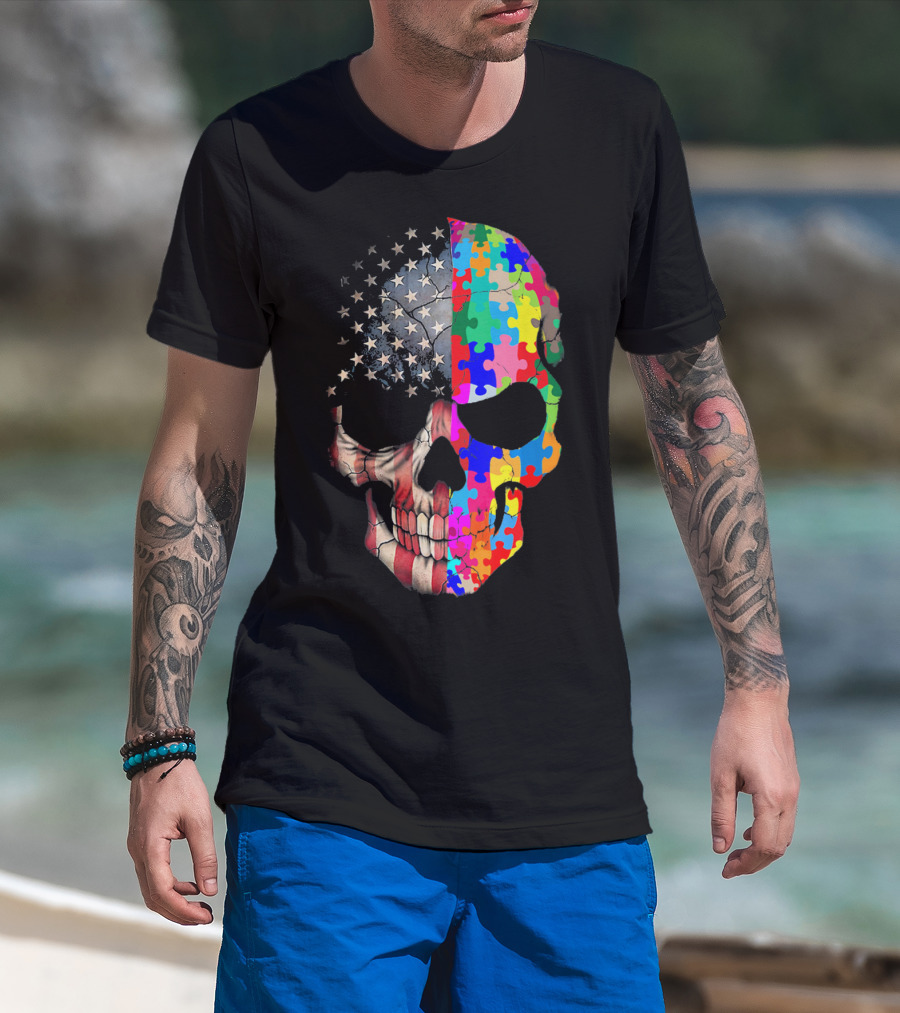 American Flag Autism Awareness Skull Puzzle Pieces Sku T-Shirt