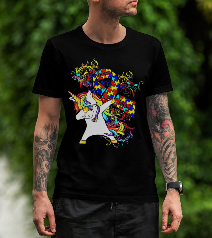 Unicorn Dabbing Hope Love Autism Awareness Puzzle T-Shirt