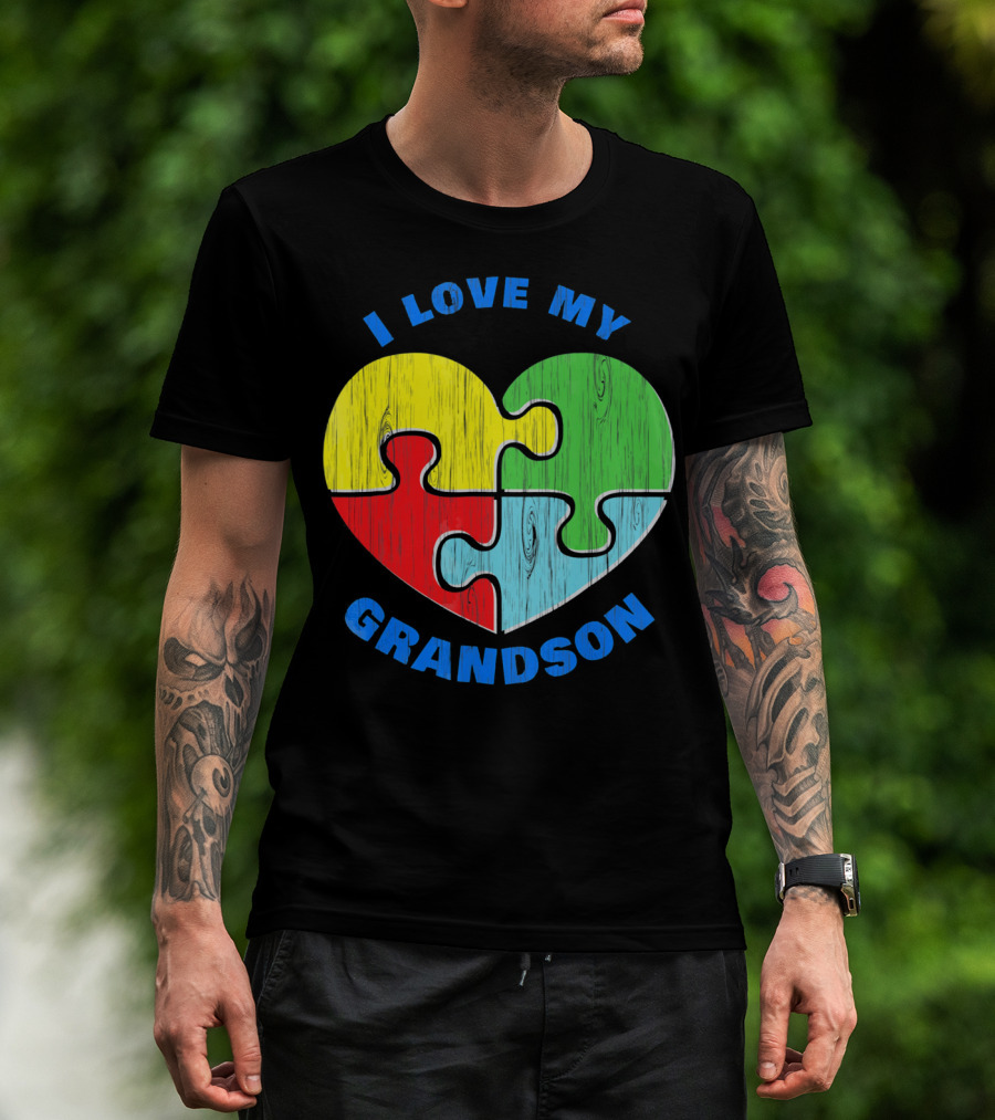 I Love My Grandson Puzzle Heart Autism Support T-Shirt