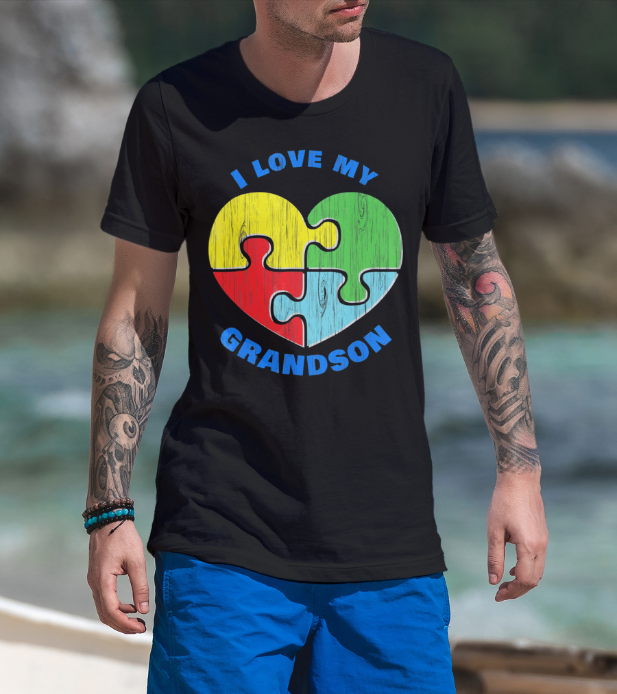 I Love My Grandson Puzzle Heart Autism Support T-Shirt