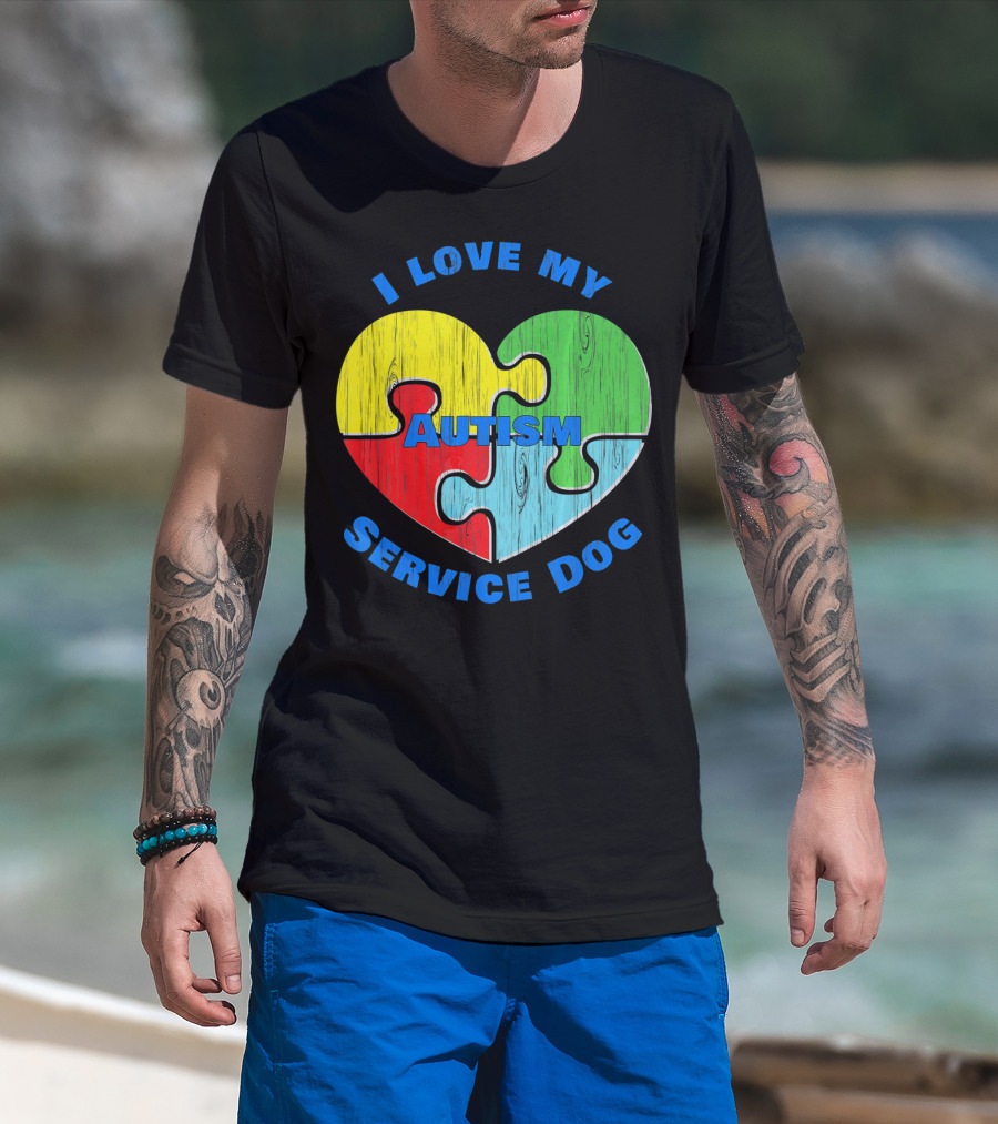 I Love My Autism Service Dog Puzzle Heart T-Shirt