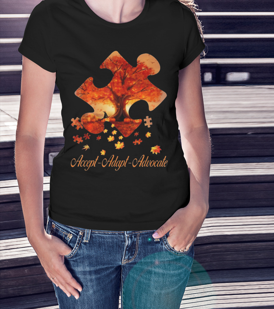 Accept Adapt Advocate Puzzle Autumn Leaves Autism Awareness T-Shirt